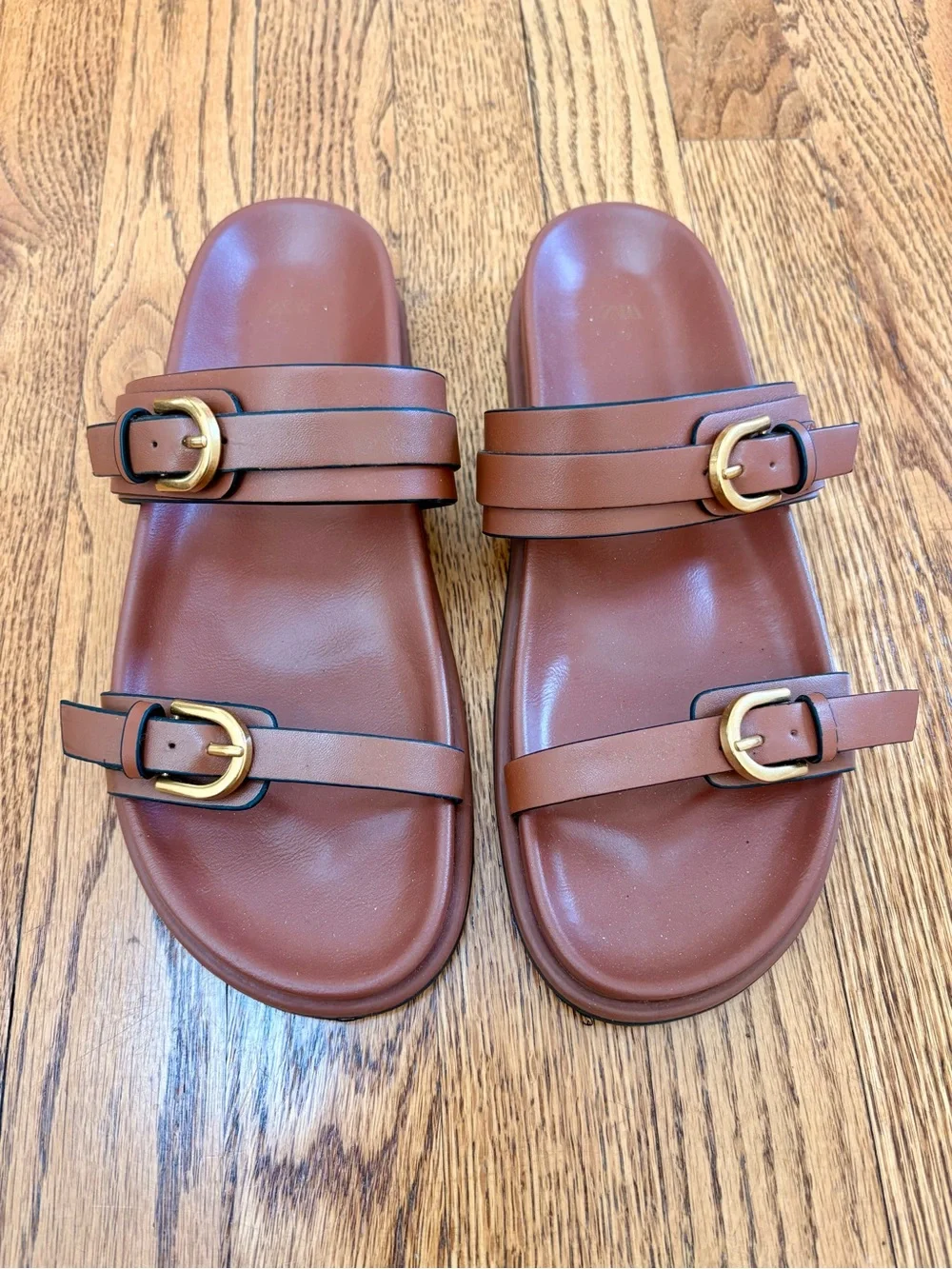 Zara Brown Double Strap Buckle Slide Sandals - Picture 1 of 2